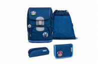 Belmil Motion Schulranzen Set 5-teilig "Blue Motion" mit Brustgurt, Hüftgurt, Magnetverschluss, Patch Set 6 Stück Blue Motion